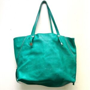 JOIE Edie Large Tote Bag in Green Leather with Gold Hardware expandable.